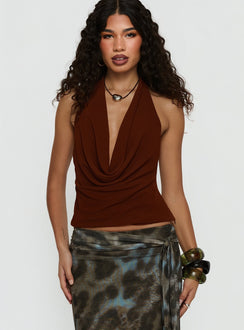 Annina Plunge Neck Backless Halter Top Chocolate