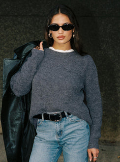 front view of model wearing Princess Polly Abrams Rib Knit Crew Sweater Charcoal Marle 