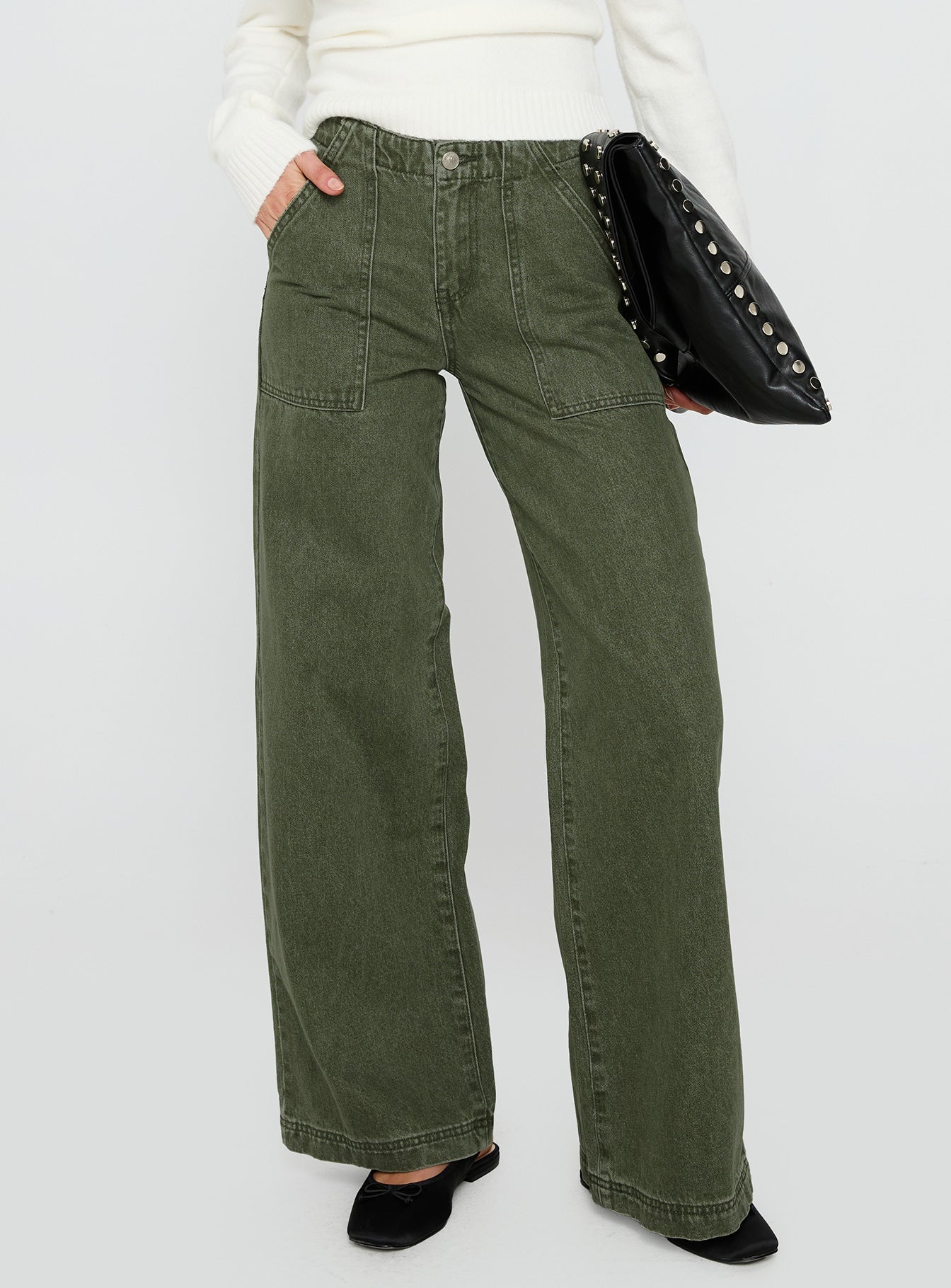 Melikah Mid Rise Baggy Cargo Jeans Green Wash