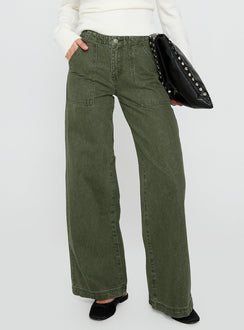 Melikah Mid Rise Baggy Cargo Jeans Green Wash