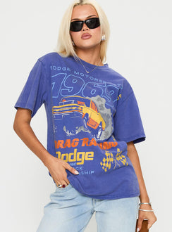 front view of model wearing Princess Polly Dodge 1969 Oversized Graphic Top Blue Half Sleeves Crew Neck 