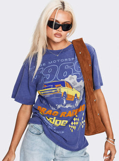 front view of model wearing Princess Polly Dodge 1969 Oversized Graphic Top Blue Half Sleeves Crew Neck 