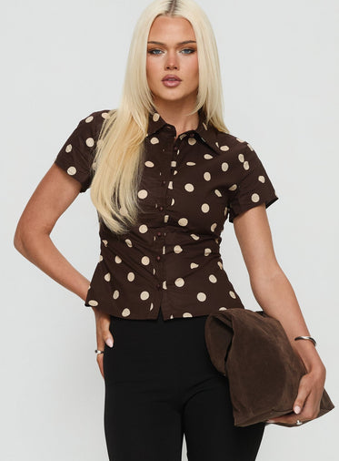 Lift Off Button Up Top Choc / Lemon Polka