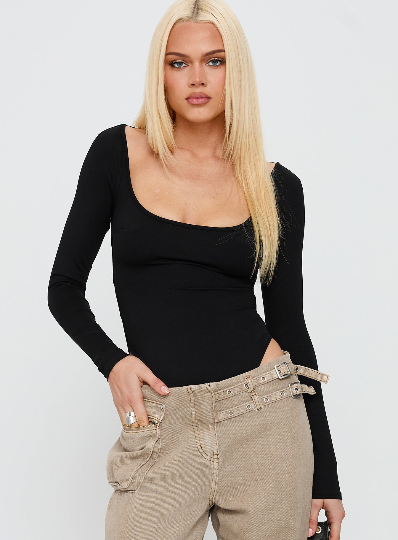 side view of model wearing Princess Polly All Tied Up Long Sleeve Bodysuit Black Long Sleeve Tops 