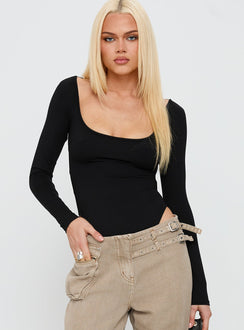 side view of model wearing Princess Polly All Tied Up Long Sleeve Bodysuit Black Long Sleeve Tops 