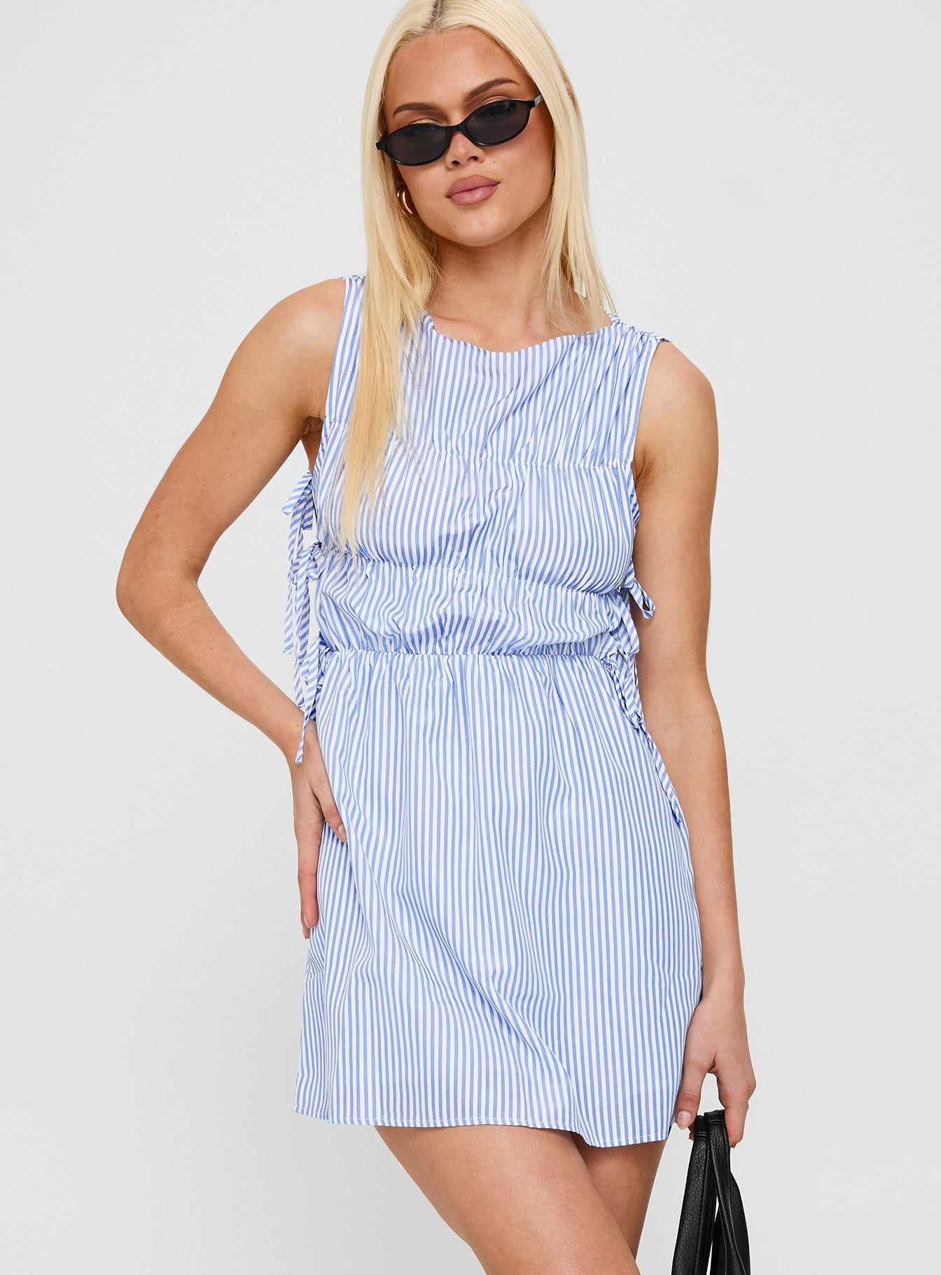 Priscille Shirred Mini Dress Blue Stripe