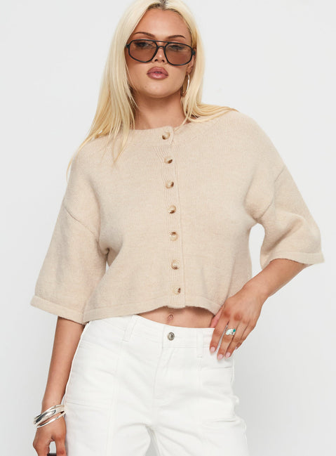 front view of model wearing Princess Polly Verina Short Sleeve Knit Cardigan Oat cropped 