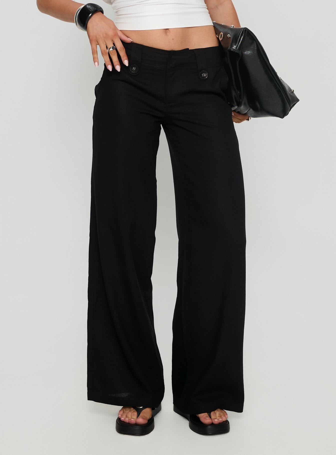 front view of model wearing Princess Polly Pedra Wide Leg Pant Black Mid Rise Pants 