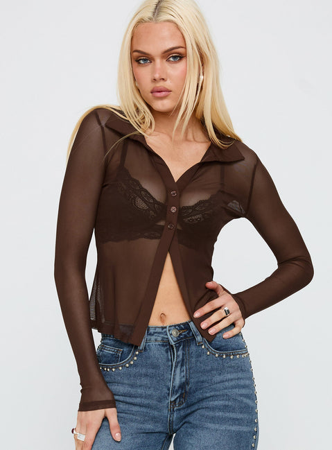 Prioritise Sheer Long Sleeve Top Brown