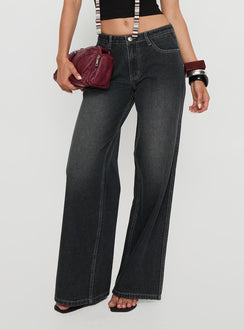 front view of model wearing Princess Polly Ramos Low Rise Wide Leg Jeans Dark Grey Wash Low Rise Jeans 
