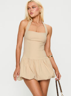 front view of model wearing Princess Polly Gigli Bubble Hem Mini Dress Beige Square Neck 