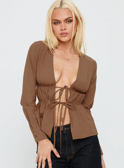Every Page Long Sleeve Tie Detail Top Brown