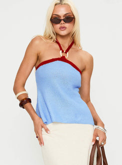 front view of model wearing Princess Polly Contradiction Hardware Detail Top Blue Sleeveless V-Neck 