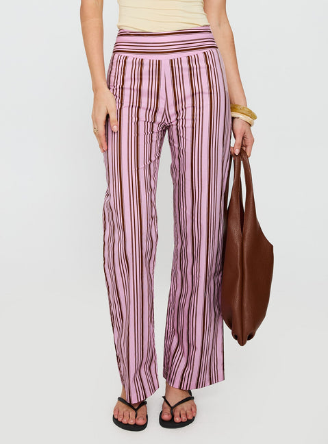 back view of model wearing Princess Polly Leocadie Pants Pink Stripe High Waisted Pants 