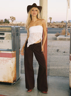 front view of model wearing Princess Polly Bystander Lace Up Pants Brown Low Rise Pants 