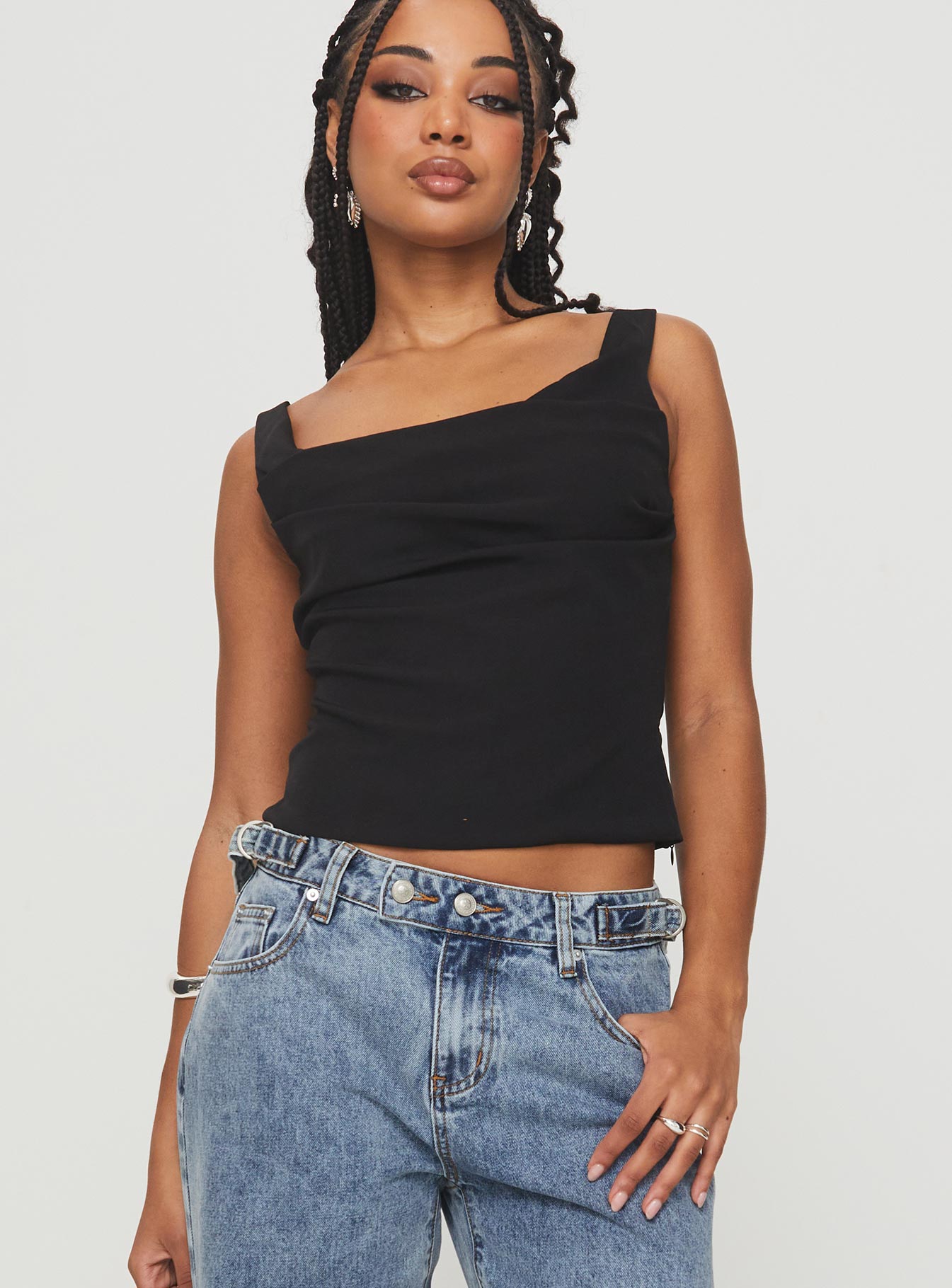 front view of model wearing Princess Polly Lallina Top Black Sleeveless Square Neck 