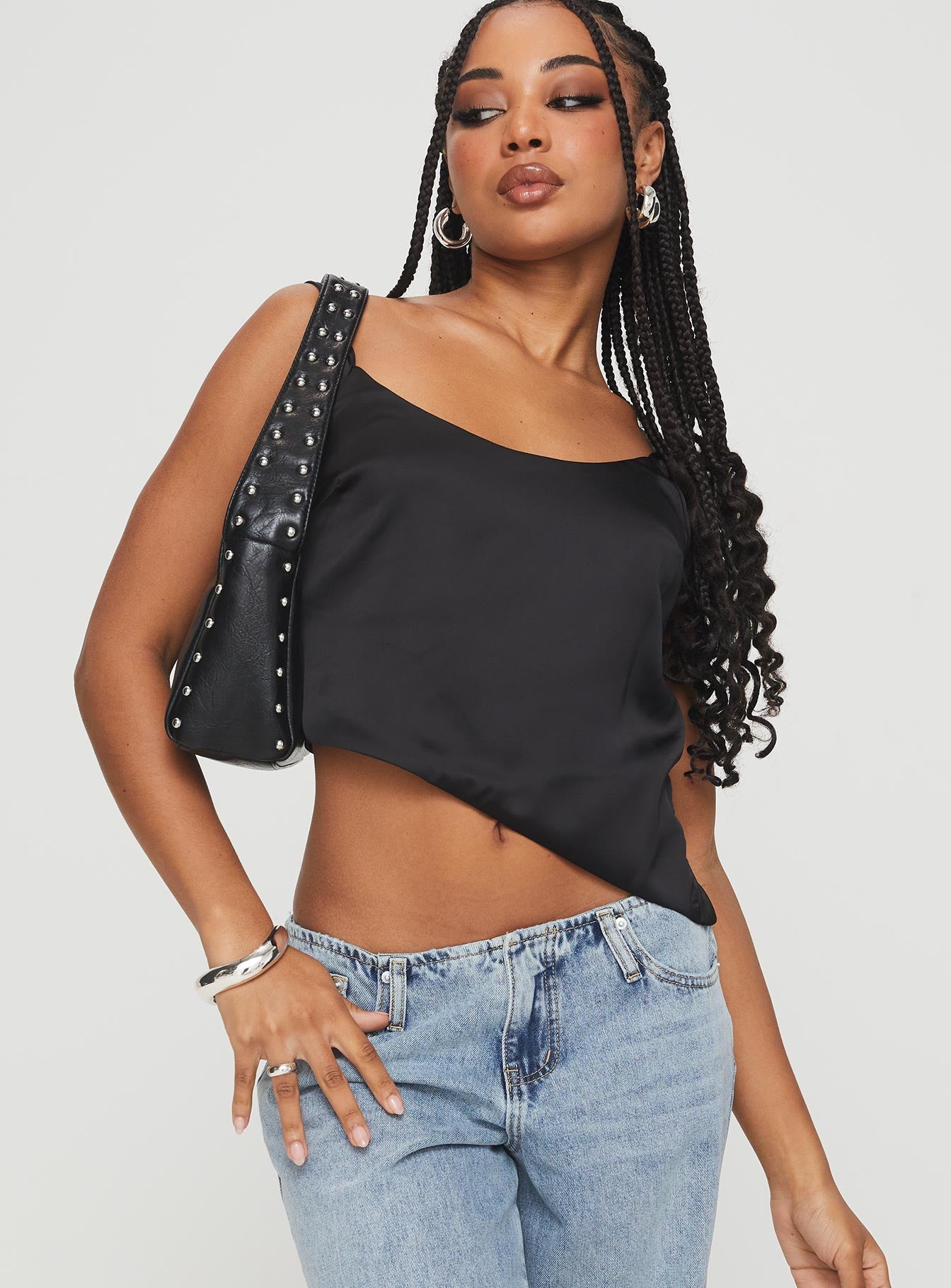 front view of model wearing Princess Polly Olivette Top Black Sleeveless Scoop Neck 