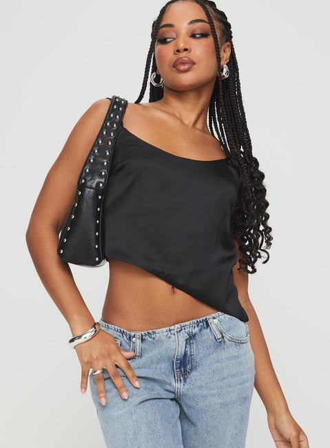 front view of model wearing Princess Polly Olivette Top Black Sleeveless Scoop Neck 