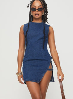 front view of model wearing Princess Polly Eilein Sculpted Denim Mini Dress Dark Wash Crew Neck 