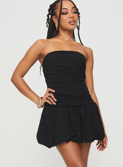 front view of model wearing Princess Polly Glamour Girl Strapless Bubble Hem Mini Dress Black Straight Neck 