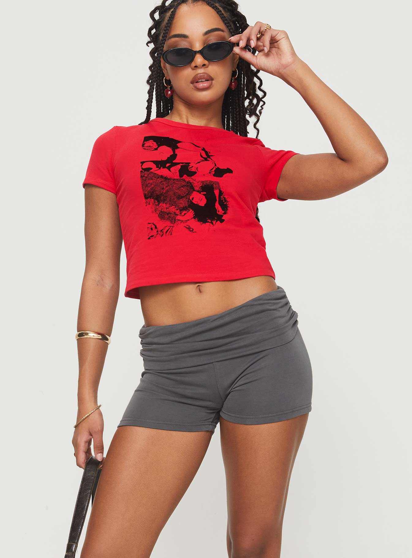 front view of model wearing Princess Polly Take Me Out Shorts Slate High Waisted Shorts 