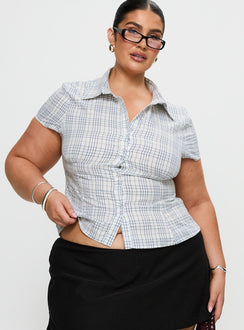 front view of model wearing Princess Polly Cottesloe Blouse Top Blue Check Curve Short Sleeves V-Neck 