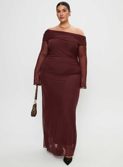 side view of model wearing Princess Polly Consideration Maxi Dress Chocolate Curve Straight Neck 