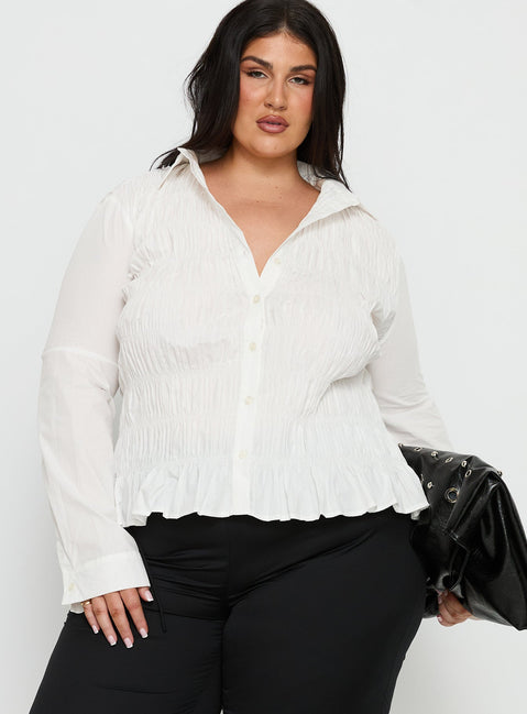 Cultivate Shirred Long Sleeve Top White Curve