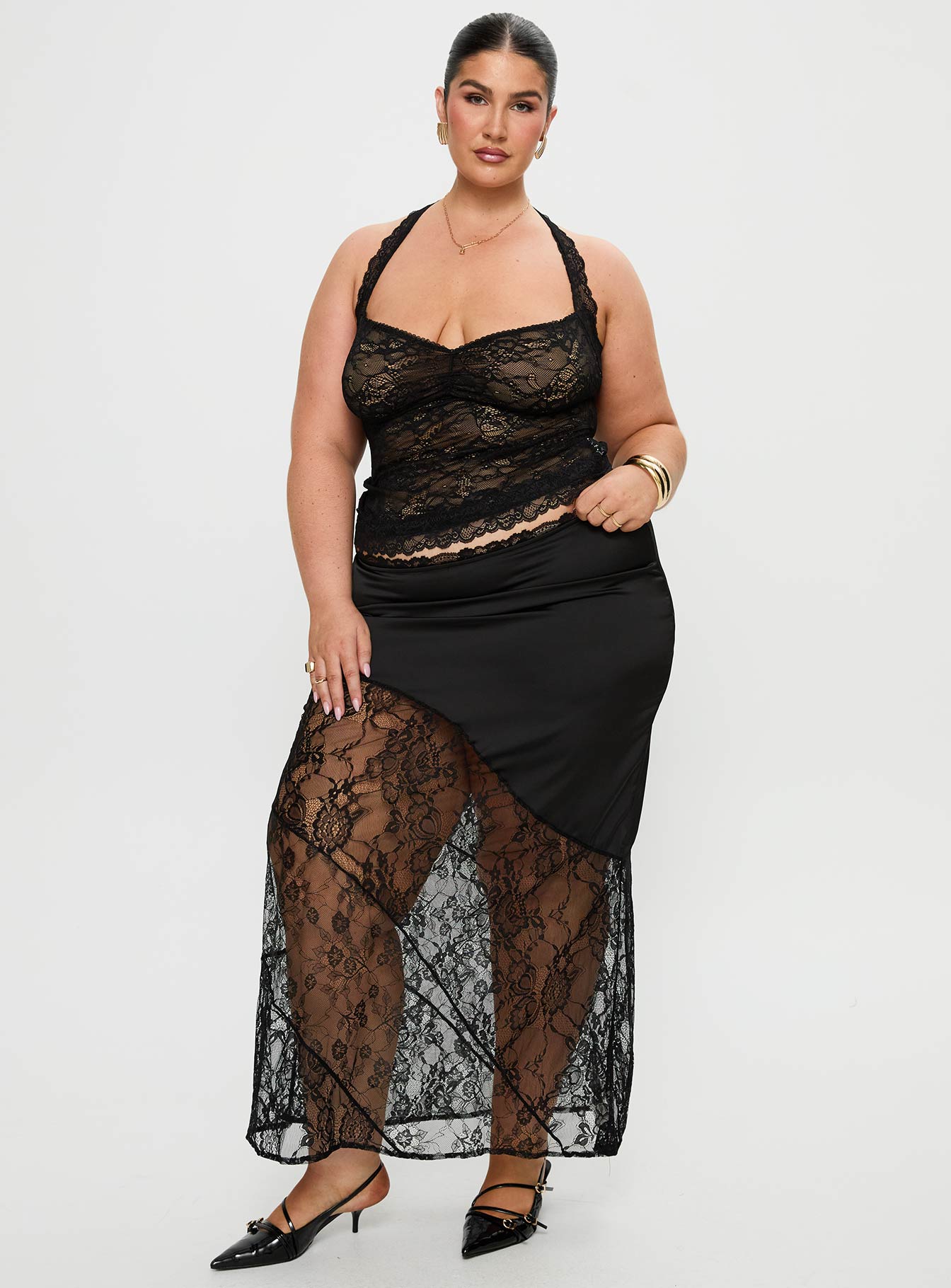  front view of model wearing Princess Polly Castelli Lace Maxi Skirt Black Curve Maxi 
