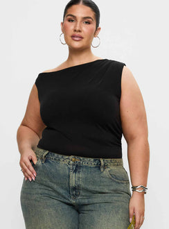 front view of model wearing Princess Polly Miyako Bodysuit Black Curve Sleeveless 