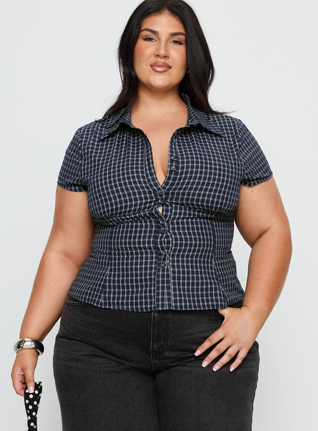 Cottesloe Blouse Top Navy Check Curve