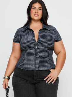 Cottesloe Blouse Top Navy Check Curve