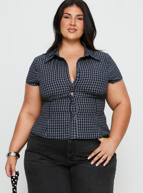 Cottesloe Blouse Top Navy Check Curve