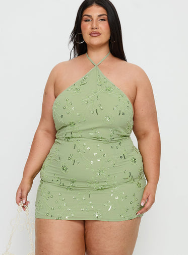 Evolet Embellished Halter Mini Dress Green Curve