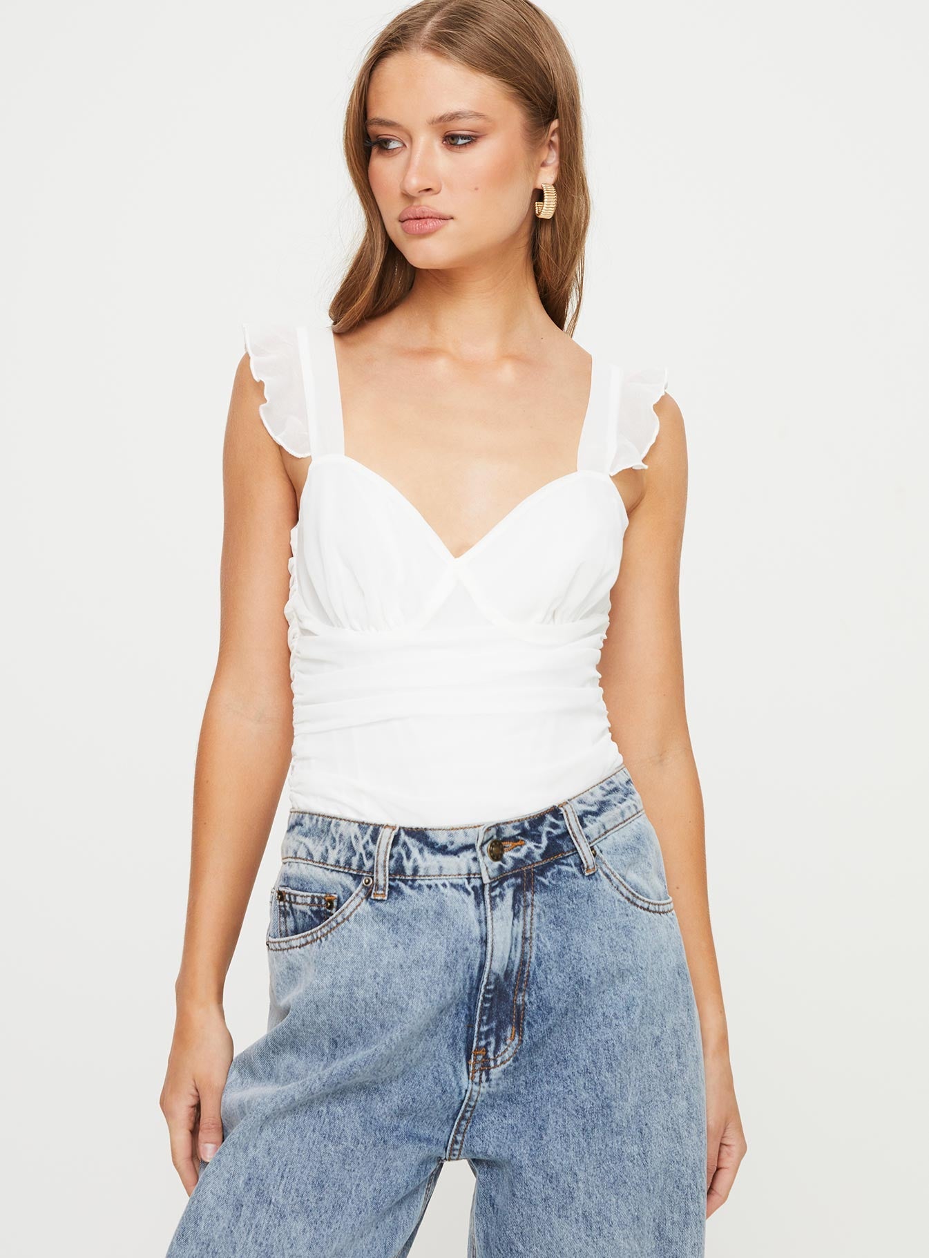 Bodysuit Sweetheart neckline, ruching throughout, frill detail on straps, invisible zip fastening at side, press clip fastening at base  Non-stretch, fully lined 