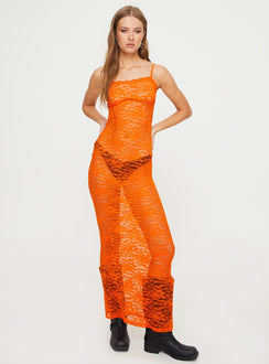 Sheer lace maxi dress Adjustable shoulder straps, scooped neckline