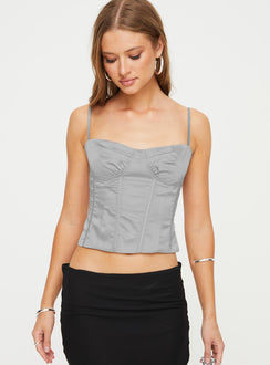 Satin bustier top Adjustable shoulder straps, sweetheart neckline, boning through front, zip fastening at back Non-stretch material, fully lined 