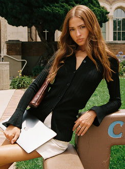 side view of model wearing Princess Polly Anneke Collared Cardigan Black Long 