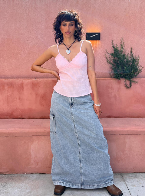 Front view of model wearing  front McGuane Denim Midi Skirt Princess Polly  Maxi 