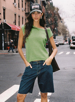 front view of model wearing Princess Polly Cult Classic Longline Denim Shorts Vintage Wash Low Rise Shorts 