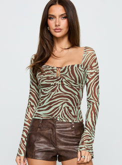 Cielo Mesh Long Sleeve Top Green / Brown Zebra