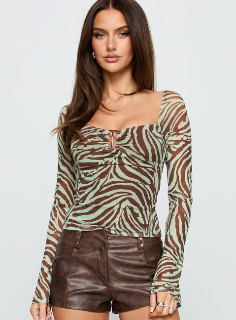 Cielo Mesh Long Sleeve Top Green / Brown Zebra