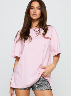 front view of model wearing Princess Polly Flower Chart Oversized Tee Pink Half Sleeves Crew Neck 