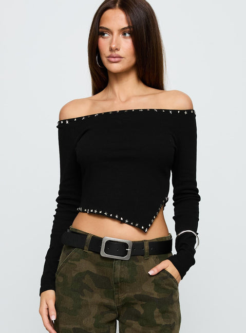 Perfect Cadence Stud Detail Off Shoulder Top Black