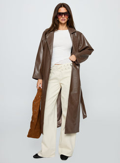 Dime A Dozen Faux Leather Trench Coat Brown