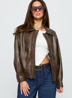 Mixtape Faux Leather Collared Jacket Brown