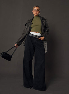 front view of model wearing Princess Polly Naylor Wide Leg Jeans Washed Black Denim Petite High Waisted 