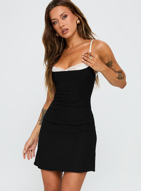 back view of model wearing Princess Polly Renaissance Corset Lace Mini Dress Black / White Sweetheart Neckline 