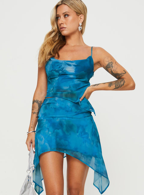 Floral two-piece set Cowl neck top, adjustable shoulder straps, invisible zip fastening at side, asymmetric hem Mid-rise mini skirt, ruching at waist, invisible zip fastening at side, asymmetric hem