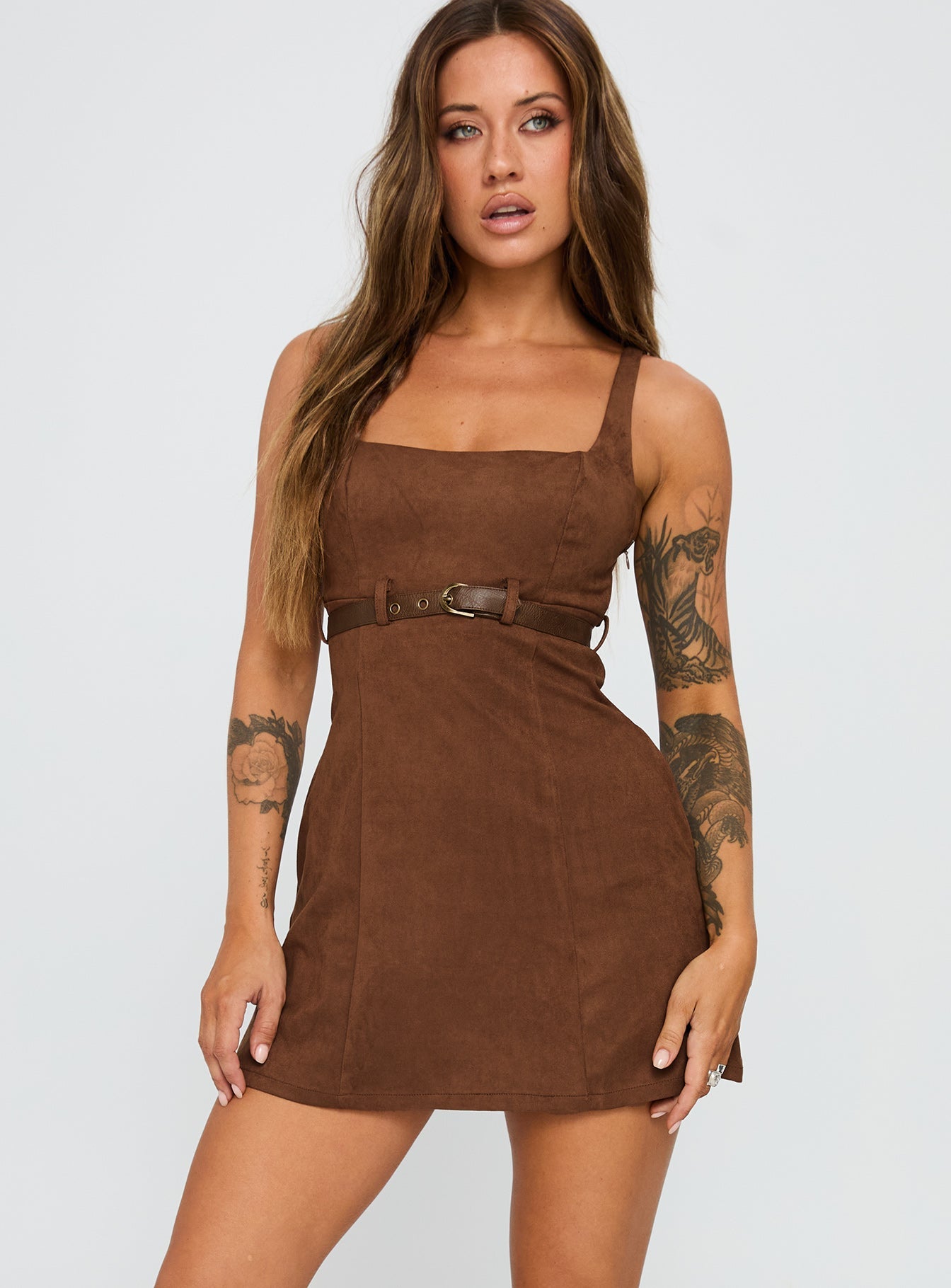 front view of model wearing Princess Polly Way Back In Faux Suede Mini Dress Brown Square Neck 